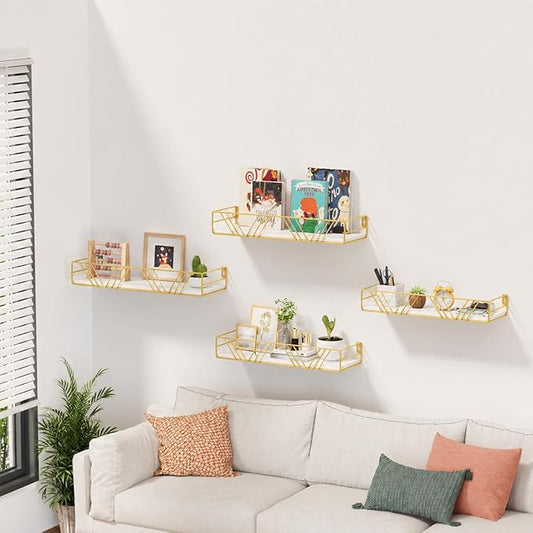Amaoot Floating Shelves for Wall Set of 4, Different Sizes Mounted Wood Floating Shelf, Wall Shelves for Living Room,Bedroom, Bathroom, Kitchen, Farmhouse Decor, Office (Gold)