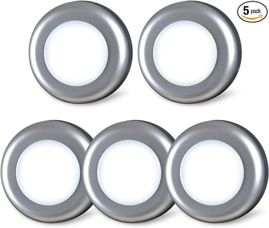 STAR-SPANGLED 5 Pack 2.8” Push Tap Lights, Stick on Touch Puck Lights AAA Battery Operated, LED Sticky Button Lights for Classroom, Kitchen, Under Cabinet, Closet (Sliver, Cool White)
