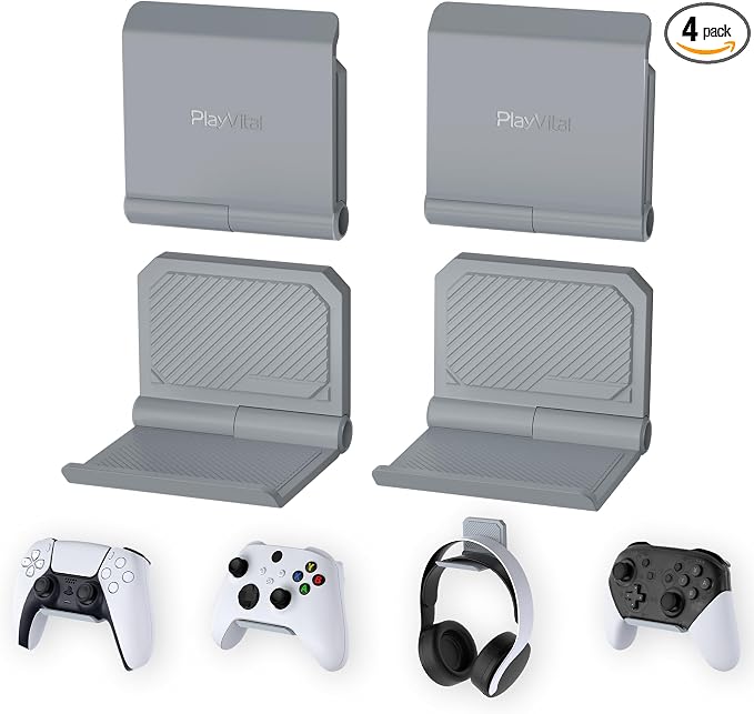 PlayVital 4 Pack FOLD Controller Holder Wall Mount for ps5 ps4 Xbox Switch 2 Pro Headset, Universal Controller Acessories Organizer Headphone Stand - Foldable Anti-slip Strong Adhesive, New Hope Gray