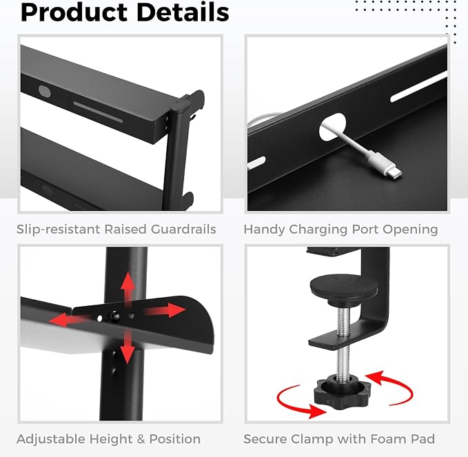 Clamp On Desk Shelf, 2-Tier Carbon Steel Storage Rack with Hooks, Adjustable Office Desk Organizer, No-Drilling C Clamp Desktop Shelf for Home, Office