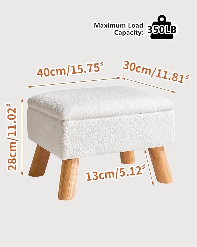YMYNY Storage Ottoman, Small Foot Stool Ottoman with Storage, White HBD042W | Teddy Velvet, Sturdy Wood Legs, For Living Room Bedroom Couch Entryway