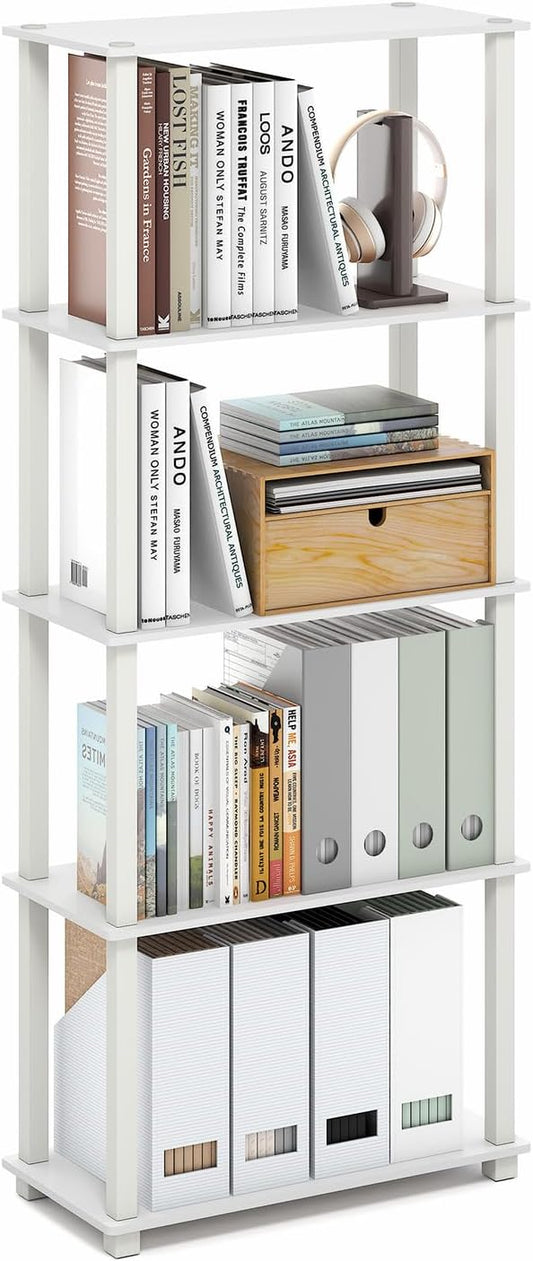 Furinno Turn-S-Tube Book Shelf, 5-Tier Toolless Storage Shelves with Square Tubes, Shelving Unit for Organization and Storage for Living Room, Home Office, White