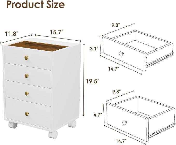 JanlyHome Under Desk Storage, 4 Drawer Small File Cabinet, Chest of Drawer with Glass Top, Mobile Printer Stand with Lockable Wheels for Home Office Study, White