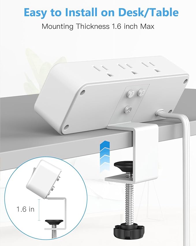 6 Outlet Desk Clamp Power Strip with USB C, Flat Plug Surge Protector, Desktop Edge Mount for 1.8 inch Tabletop Thick, Connect 6 ft Extension Cord, Table Edge Socket with Switch, White