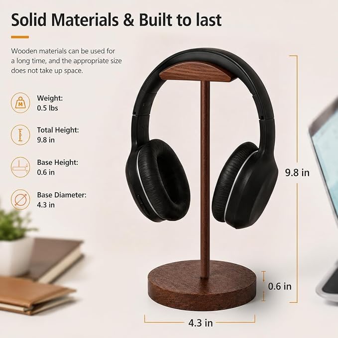 Headphone Stand Nature Wood Headset Hanger Mount Hook Gaming Holder Desktop Earphone Artful Functional Stand for All Headsets with Solid Wooden Base