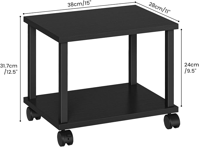 Asgolion Small Printer Table, 2-Tier Under Desk Printer Stand, Printer Stand with Wheels, Printer Shelf for Small Spaces, Printer Cart for Home Office, Black