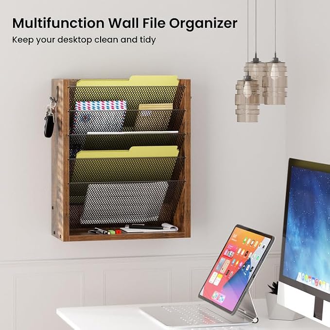Creso hom Mail Organizer Wall Mounted, Mail Sorter with 2 Key Hooks, 6-Slot File Organizer for Wall or Desk, Wood Letter Holder Envelopes Bills Accessories for Home Office, Rustic Brown