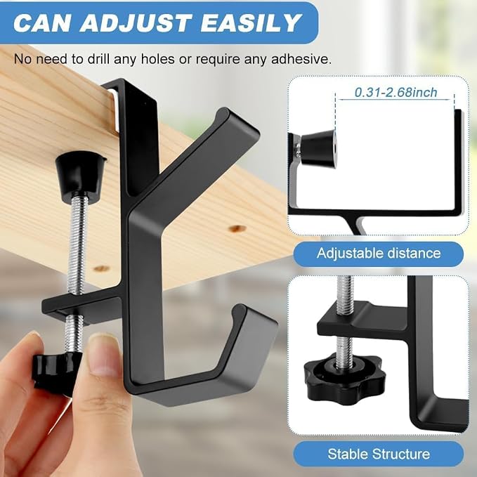 Desk Mount Bag Holder Hook Clamp,On Backpack Hanger Portable Desk Mount Headphones Holder for Reduce Desk Clutter Table Desk Table Hanging Storage (2 Black)