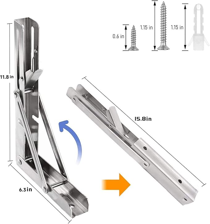 Folding Shelf Brackets 12 inch 2 Pcs Max. Load 220lb - Heavy Duty Stainless Steel DIY Wall Mounted Collapsible Shelf Bracket, Space Saving for Garage Workstation, Stuff Supports, Table, Workbench