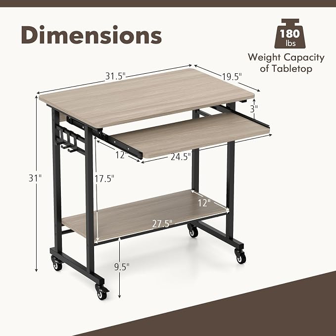 Tangkula Rolling Computer Desk Cart with Keyboard Tray, Mobile Portable Laptop PC Desk with CPU Stand & 3 Hooks for Sofa & Bed, Compact Small Desk on Wheels for Small Spaces (Grey)