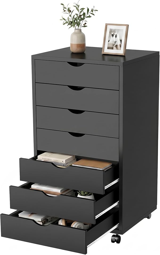 7 Drawer File Cabinet, Under Desk Storage Organization with Wheels, Mobile Filing Chest for Small Desk Printer Stand for Home Office, Black