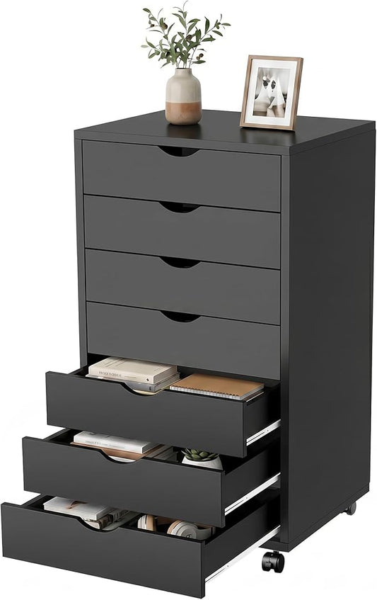7 Drawer File Cabinet, Under Desk Storage Organization with Wheels, Mobile Filing Chest for Small Desk Printer Stand for Home Office, Black