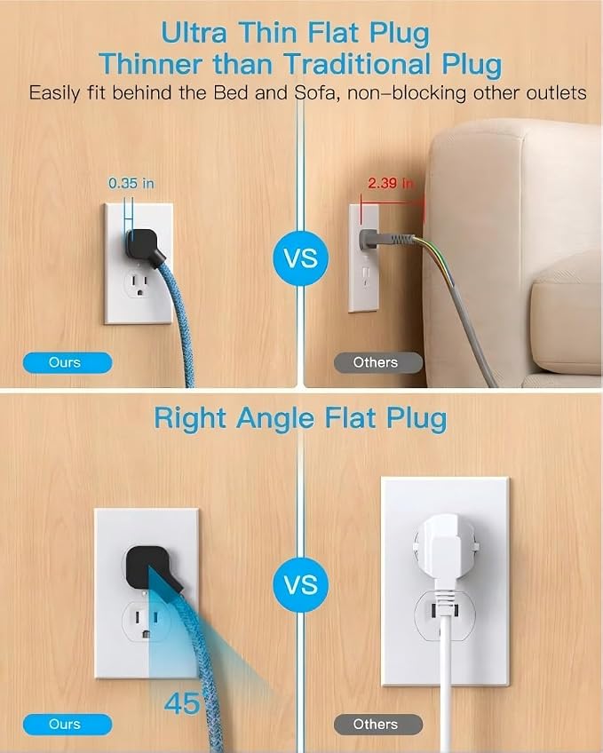 HANYCONY 5 Ft Braided Extension Cord with Ultra-Thin Flat Plug, 4 Widely Spaced Outlets & 4 USB Ports (2 USB C), Non-Surge Protector Power Strip for Cruise Ship, Travel Essentials, Home Office, Black