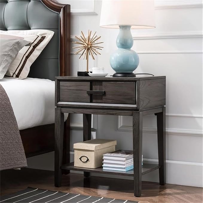 BOWERY HILL Drawer Nightstand, 28 in H x 15.75 in W x 23.75 in D, Solid Wood Construction, Oak Finish, Lower Shelf, USB/AC Charger, Full Extension Drawer Guides, Bedside or Living Room Side Table