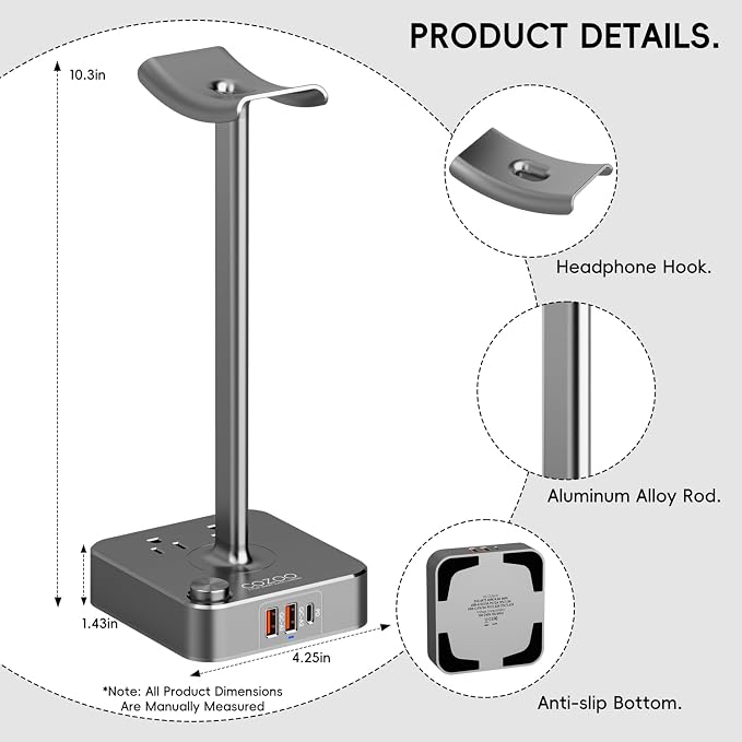 Headphone Stand with PD Fast Charger & QC3.0,Gaming Headset Holder with 3 USB Ports 2 AC Outlets for Desk,Cool Gamer Gifts for Men,Boyfriend,Teen Boys,Friends – Perfect Gaming Accessories & Room Setup