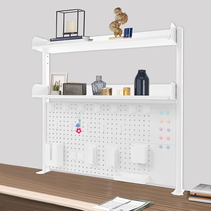 Clamp On Desk Organizer Shelf, Pegboard Multipurpose Countertop Desk Hutch, Desktop Bookshelf Bookcase Storage Shelves for Home Office Dorm Gaming Desk (White)