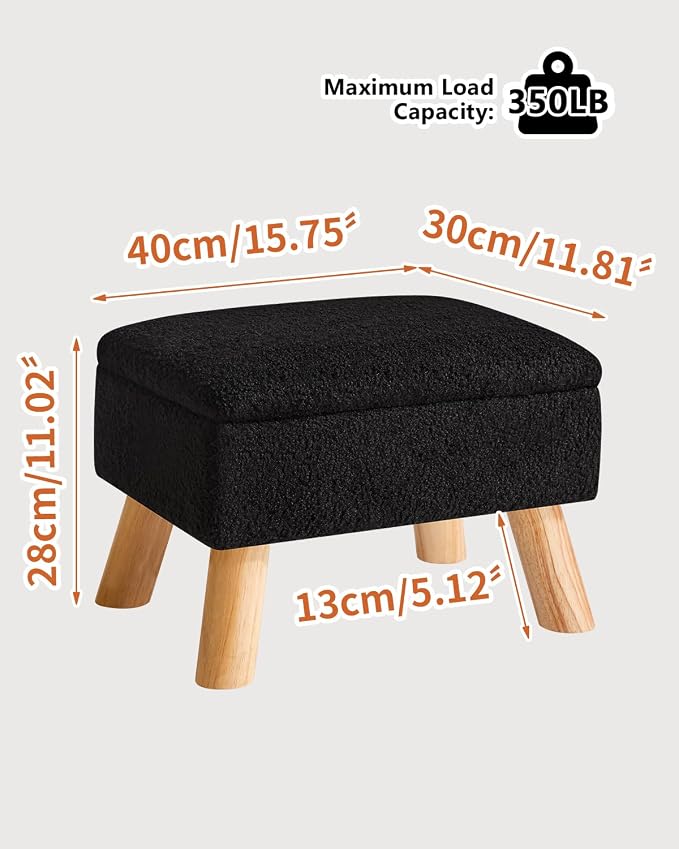 YMYNY Storage Ottoman,Small Foot Stool, 15.75"×11.81"×11.02" Black,HBD042B | Teddy Velvet,Sturdy Wood Legs, Foot Rest With Padded Seat, For Living Room Bedroom Couch Entryway