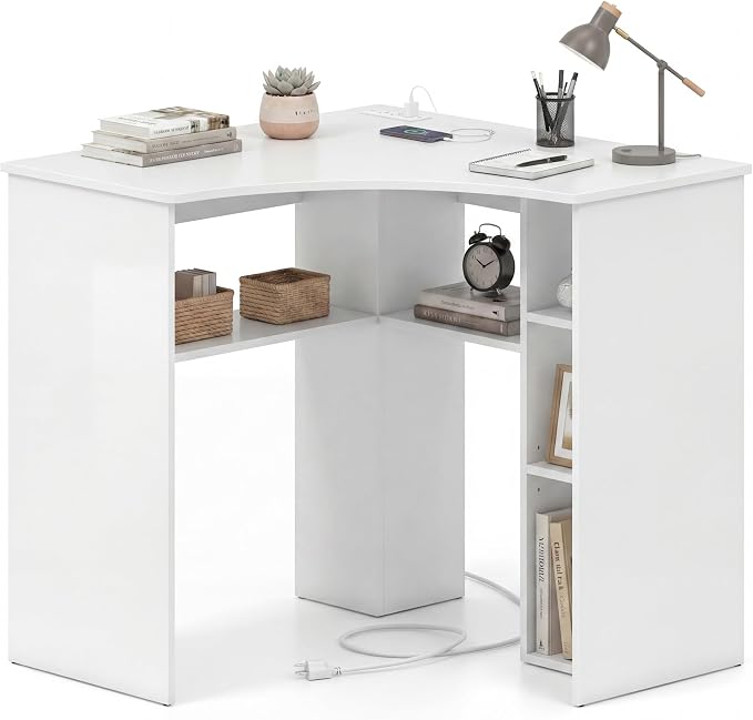 Giantex White Corner Desk, Triangle Computer Desk with Charging Station, Open Storage Shelves and Curved Edge, Space Saving Writing & Makeup Vanity Desk for Small Spaces, Home Office, Bedroom