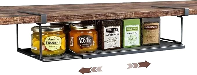 PowerKing Expandable Under Cabinet Shelf, Adjustable Length Under Shelf Storage with Thick Clips 10lbs Capacity for Kitchen, Laundry, Shoe, Under Office Desk & Wardrobe Partition (Black, 7.67'' H)