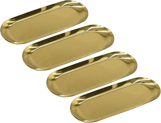 4 Pcs 9 Inch x 3.7 Inch Gold Stainless Steel Trinket Tray, 110g