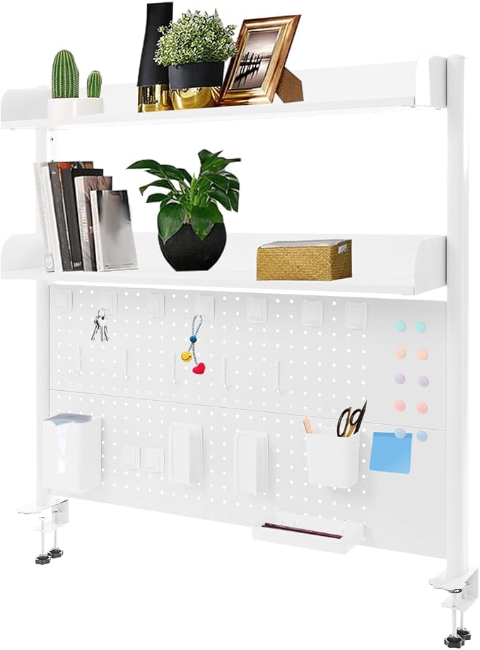 Clamp on Desk Pegboard, 39.4" W x 37.4" H Desk Extender Pegboard Bookshelf Computer Desk Accessories with Shelf for Tool Organizer Office, Privacy Panel for Gaming Desk, White