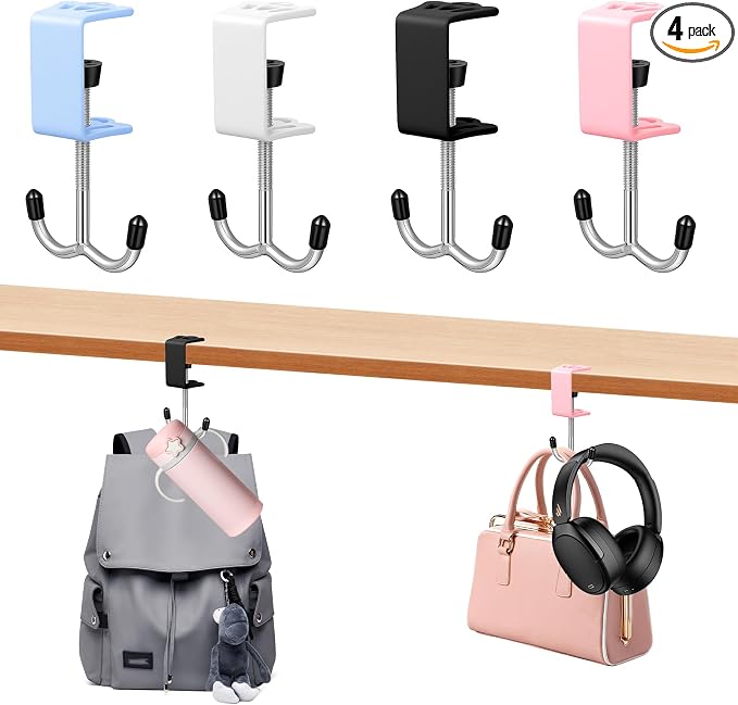 4 Pack Adjustable Purse Hooks for Table & Desk, Double-Hooks Heavy-Duty Backpack Hanger 100lb Capacity High-Strength Metal Bag Holder Space-Saving Desk Organizer for Handbag Headphone Umbrellas