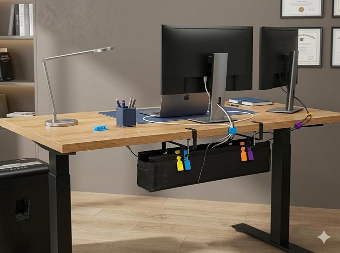 Under Desk Cable Management Tray, 28", Black Standing Under Cable | No Drill, Fabric Cord Organizer with Reinforced Base, Clamp Mount Wire Management, For Office/Home & Standing Desk