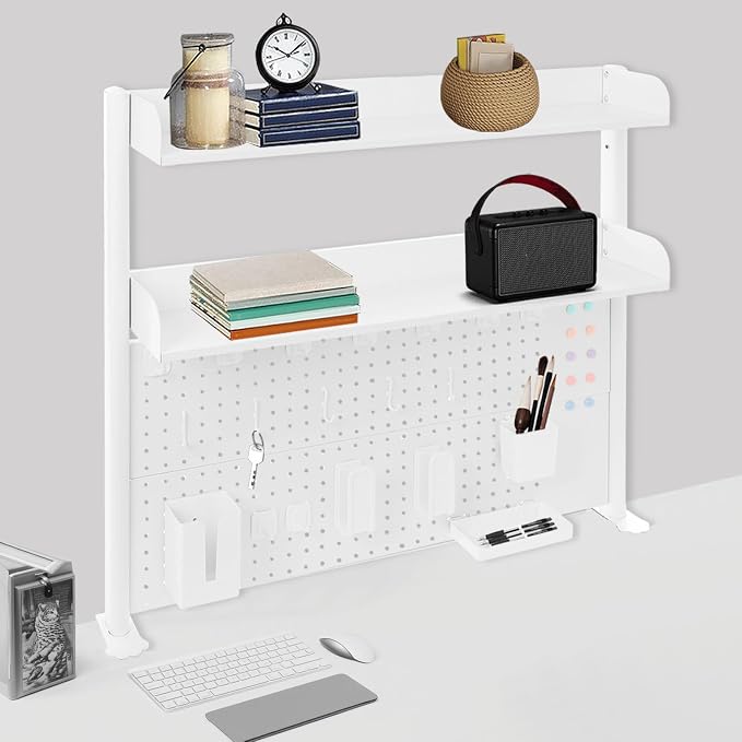 Clamp-On Pegboard Desk Organizer, 2-Tier Clamp On Desk Shelf with Hooks, Office Accessory Organizer for Books, Office Supplies & DIY Storage, 16.5lbs Capacity, 39.37" x 37.4", White