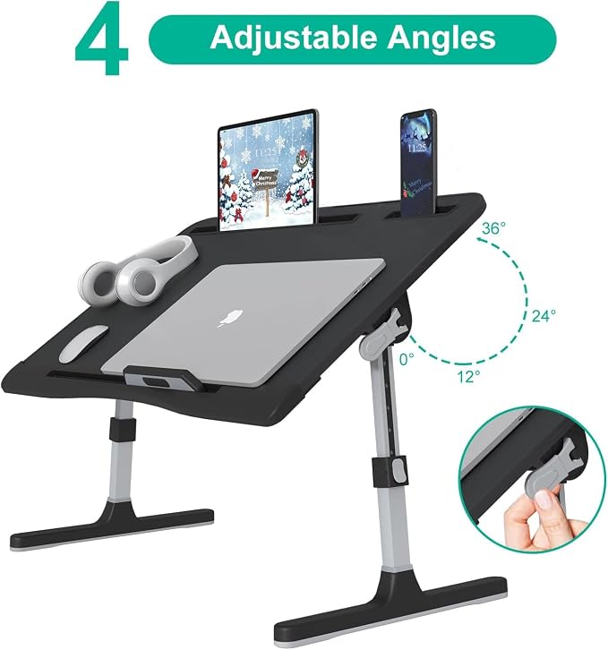 KLEAR Foldable Laptop Bed Tray Desk, Adjustable Laptop Bed Table with Heights and Angles, Upgraded-Sturdy Laptop Lap Desk for Bed/Sofa/Couch/Floor, Lap Tablet Desk (NO Drawer,Black)