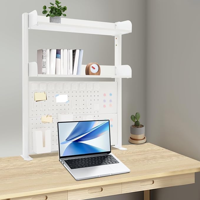 Clamp On Desk Organizer Shelf, 31.5" x 37" Desk Extender Pegboard Bookshelf Workstation Computer Desk Accessories with Shelf for Office, Privacy Panel for Gaming Desk (White, 31.5"W x 37.4"H)