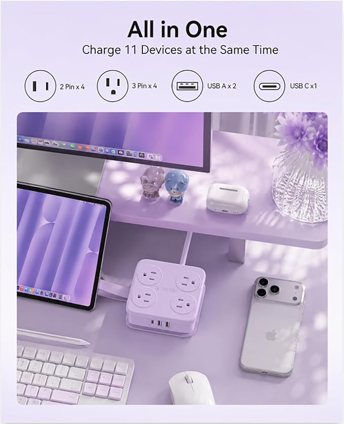 5 Ft Extension Cord with 3 USB Ports, ORICO Power Strip for Desktop, 4 Side Outlet Extender(8 AC) & Flat Plug, 11 in 1 Charging Station for Home/Office/Dorm - AP3 PRO