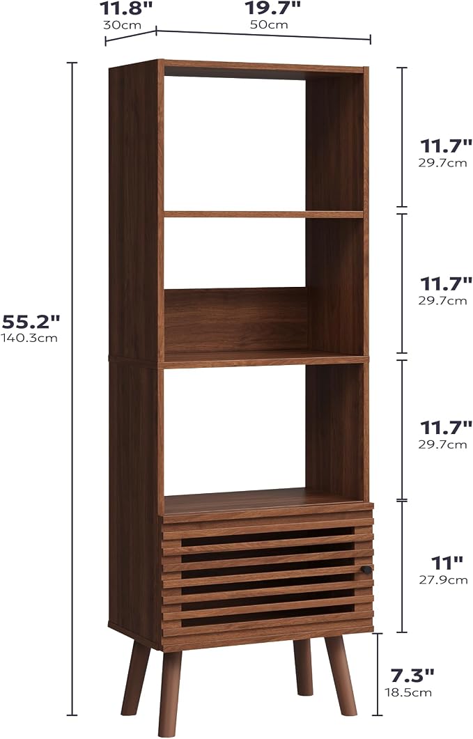 Furnify Small Narrow Corner Bookcase, 55" H Mid Century Modern Bookshelf with Slatted Door, 4 Cube Bookcase with Open Shelf, Display Storage Cabinet for Living Room, Home Office, Walnut