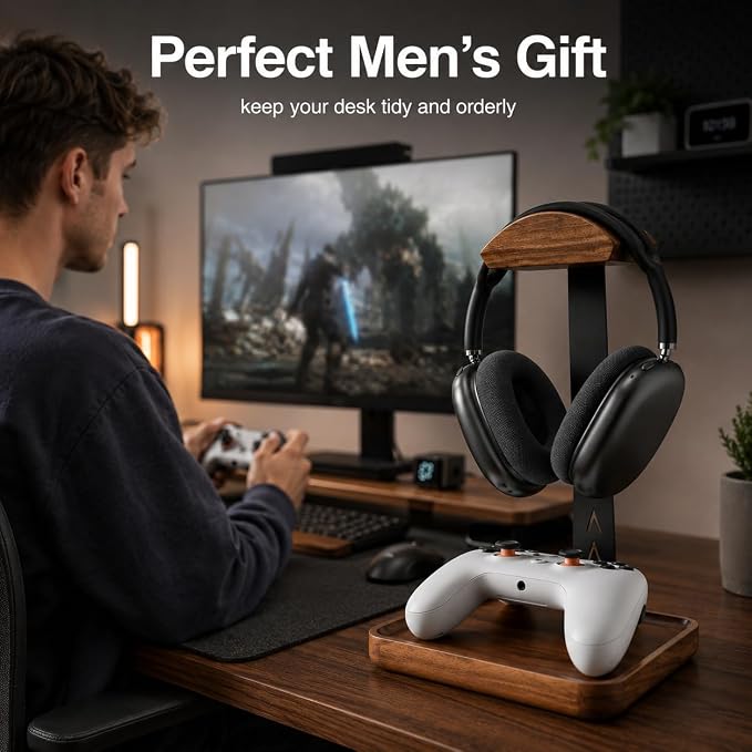 GEVO Headphone Stand, Walnut Wood Headset Stand with Controller Holder, Gaming Equipment Accessories for Husband, Teens, Boyfriends, Brothers, and Gamers