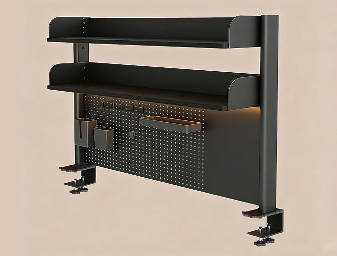 31.5 Inch Clip-on Desktop Organizer Bookshelf with Pegboard, Desk Shelf Organizer, Multipurpose Computer Desk Desktop Bookshelf, Desk Extender Pegboard Clamp, Desktop Display (Black)