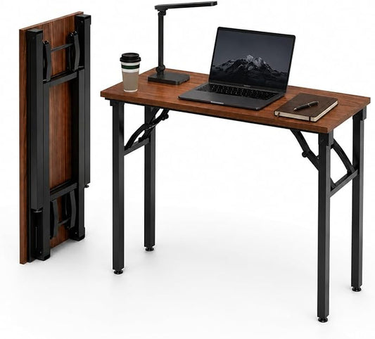 Frylr Small Folding Computer Desk – Portable 35.8 Inch Foldable Laptop Table, No-Assembly, Collapsible and Compact for Easy Storage, Lightweight for Small Spaces, Craft and Study Use, Dark Walnut