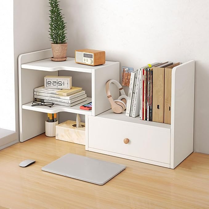 Customizable Multi Layer Desk Organizer for Home, Office Organizers and Storage, Corner Bookshelf on The Desk (Color : Left corner with 1 door, Size : White)