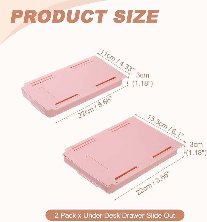 PATIKIL 2 Pack Under Desk Drawer Slide Out, 8.66 x 6.1/4.3" Plastic Table Storage Drawers Slide Out Storage Box for Laptop Study Desks Dining Dressing Tables Wardrobes Cabinets, Pink