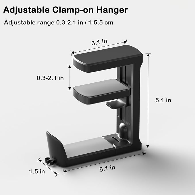 Headphone Hook - Adjustable Clamp-on Headphone Holder, Under Desk Gaming Headset Holder Mount Hook with Rotating Clamp (Black_2 Pack)