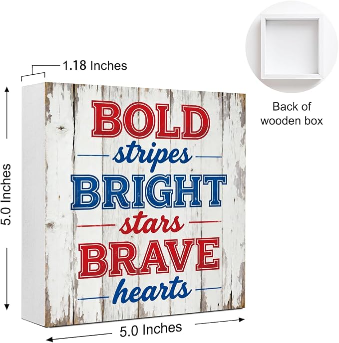 Patriotic Wooden Box Sign,Bold Bright Brave 4th Of July Signs Home Decor,Independence Memorial Day Block Sign for Desk Shelf Tabletop Decor