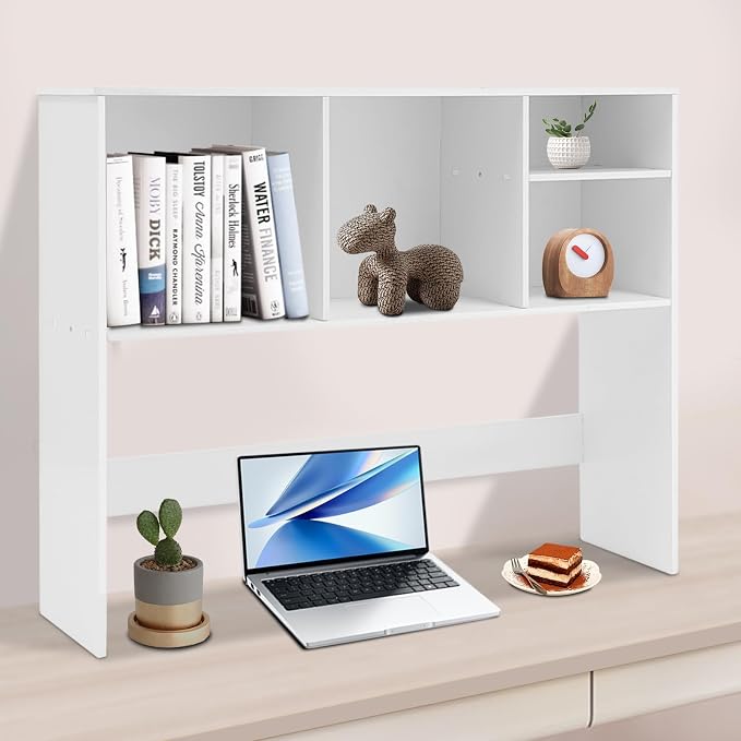 Desk Hutch with 4 Shelves Desktop Bookshelf Multi-Functional Desktop Organizer 2 Tire Desk Storage Shelf for Home Office (White)