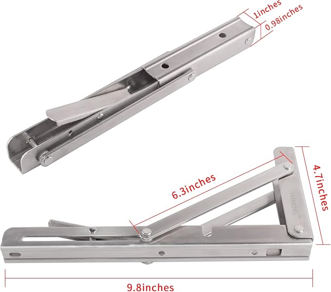 YUMORE Folding Shelf Brackets 10", Max Load: 330lb Heavy Duty Stainless Steel Collapsible Shelf Bracket for Table Work Bench, Space Saving DIY Bracket, Pack of 2