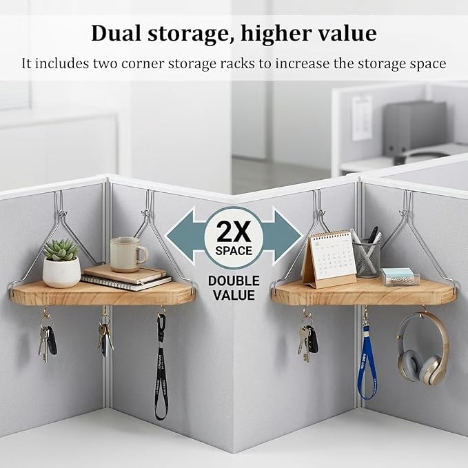 Fabric Wall Cubicle Corner Shelf with Hooks, Wooden Triangular Cubicle Organizer Storage Shelf, Partition Shelf with Hangers for Office Dorm Apartment