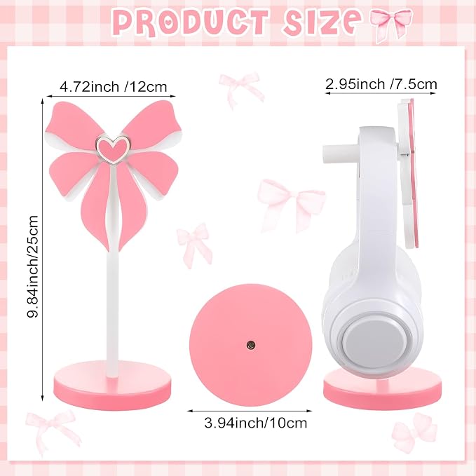 Kingdder Pink Bow Headphone Stand Cute Wood Headphone Stand Adorable Headset Holder Accessories Gamer Gifts for Teenage Women Teacher Girlfriend Office Worker Wife Gamer Room Decor Office Desk