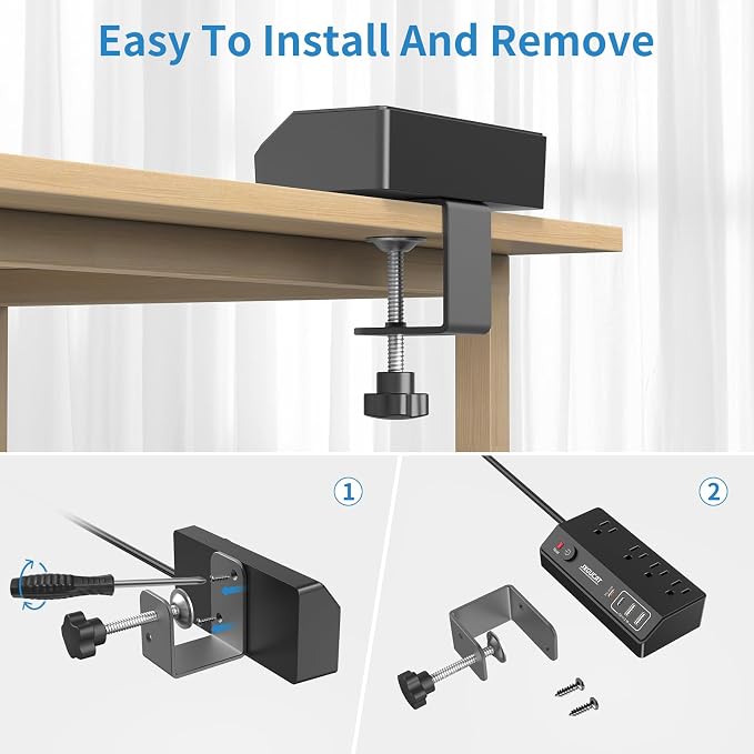 Desk Clamp Power Strip 10FT with PD 20W Fast Charging USB C, JXGUCAT Desktop Mount Power Strip Surge Protector, Removable Extension Cord with 4 Outlets 4 USB Ports, Fit 1.8" Tabletop Edge, Black