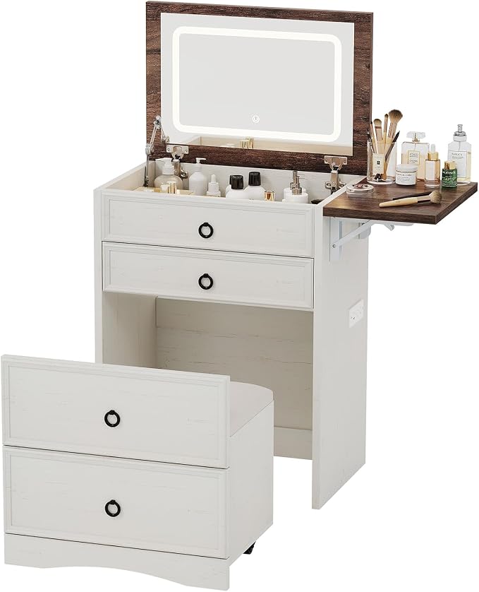 LUXOAK 3-in-1 Small Vanity Desk with Mirror and Lights, Compact Hidden Vanity Set with Stool & Charging Station, Makeup Table for Girls Bedroom and Dressing Room, Rustic White