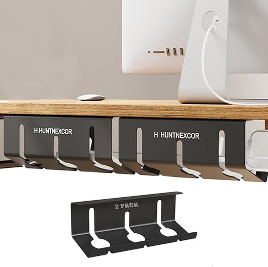 Under Desk Cable Management Tray, Large Metal Cable Organizer for Easy Access, Home Office Screw Mount Desk Cord Organizer and Accessories Storage Rack Shelf, Computer Power Strip Holder, Black 2 Set