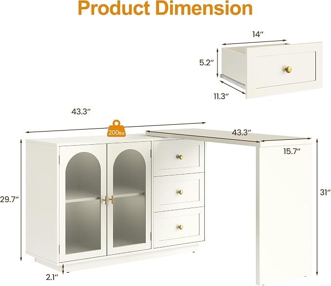 FansaFurn 83" Extendable Corner Vanity Desk, 3 in 1 Vanity with Rotatable Tabletop, Oversized White Makeup Table for Women Girls, 3 Drawer & 2 Door, Wood Dresser for Apartment, Bedroom, Home Office