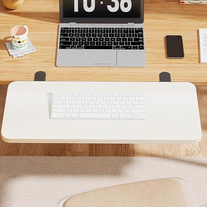 Desk Extender Tray, Punch-Free Clamp on 90° Foldable Keyboard Drawer Tray, Table Mount Armrest Shelf, Computer Elbow Arm Support (White, 23.6"*9.8"*0.5"/60cm*25cm*1.2cm)