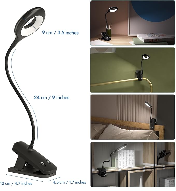 CUHIOY Clip on Reading Light for Bed Headboard, 5 Colors 5 Brightness Desk Lamp with Strong Clamp, USB-C Rechargeable Goose-Neck Night Light for Kids Bunk Bed Shelf, Perfect for Reading & Working
