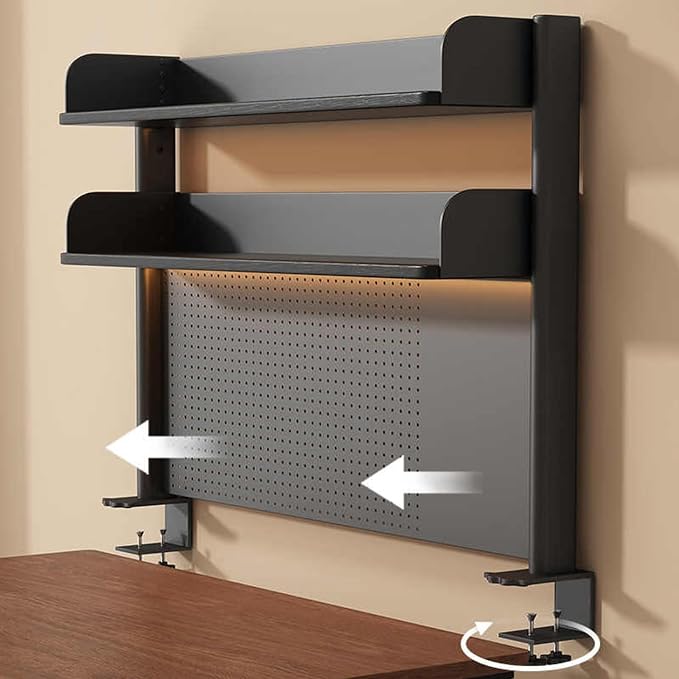 Clamp on Desk Shelf with Pegboard, Black Desktop Bookshelf Organizer Storage Shelves for Home Office Dorm Gaming Desk, Space Saving Tabletop Display Rack Organization (Black, 31.4in)